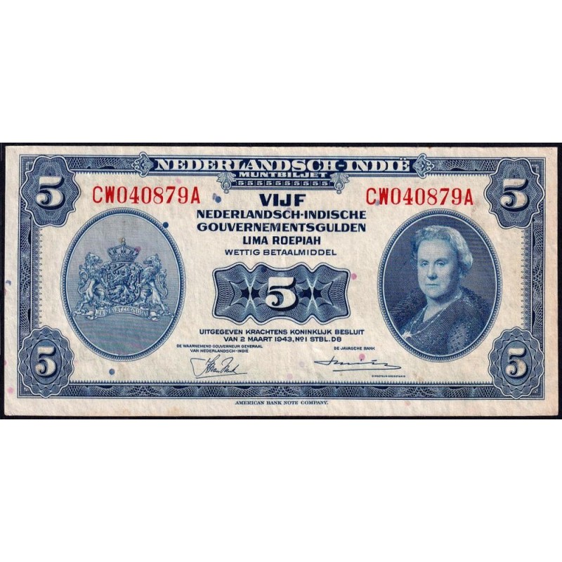 Indes Néerlandaises - Pick 113a_2 - 5 gulden - Série CW A - 02/03/1943 - Etat : TTB