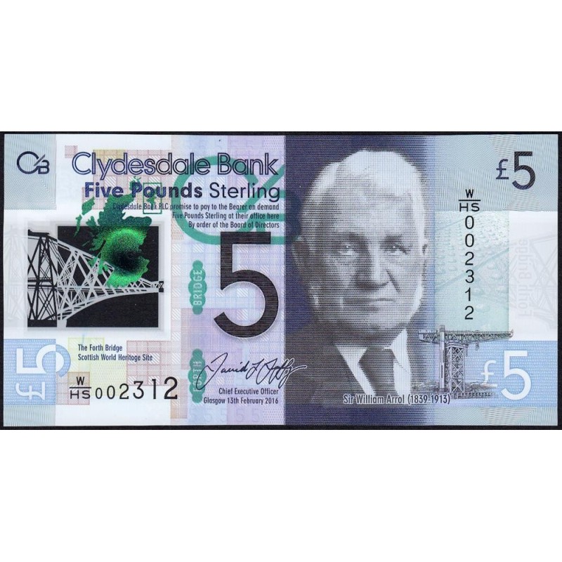 Ecosse - Pick 229O - 5 pounds sterling - Série W/HS - 13/02/2016 - Polymère - Etat : NEUF