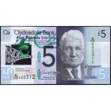 Ecosse - Pick 229O - 5 pounds sterling - Série W/HS - 13/02/2016 - Polymère - Etat : NEUF