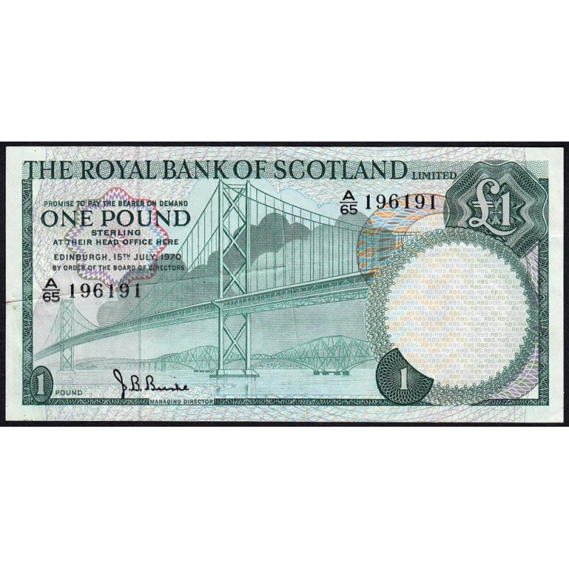 Ecosse - Pick 334a - 1 pound sterling - Série A/65 - 15/07/1970 - Etat : TTB