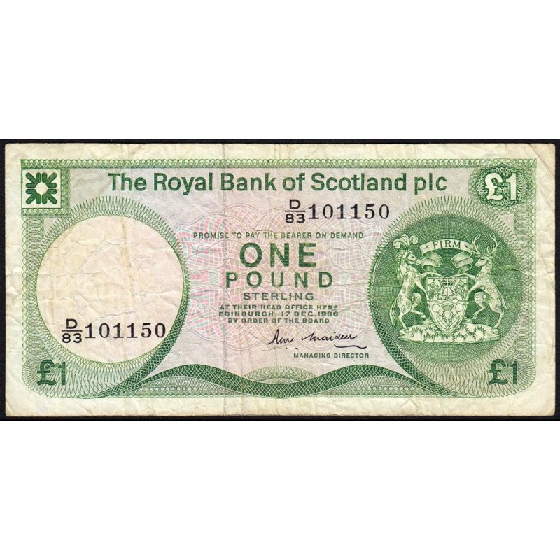 Ecosse - Pick 341Ab - 1 pound sterling - Série D/83 - 17/12/1986 - Etat : TB-