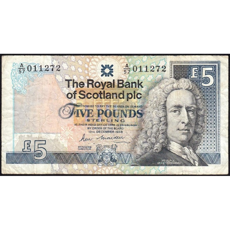 Ecosse - Pick 352a_1 - 5 pounds sterling - Série A/57 - 13/12/1988 - Etat : TB-