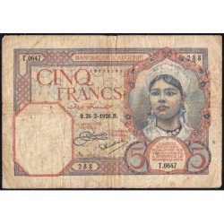 Algérie - Pick 77a_1 - 5 francs - Série T.0647 - 26/02/1926 - Etat : B
