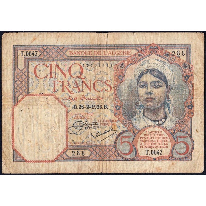 Algérie - Pick 77a_1 - 5 francs - Série T.0647 - 26/02/1926 - Etat : B