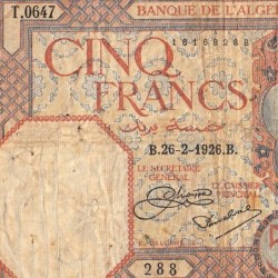 Algérie - Pick 77a_1 - 5 francs - Série T.0647 - 26/02/1926 - Etat : B