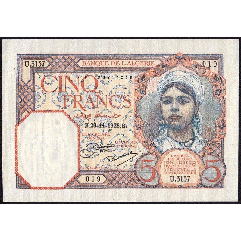 Algérie - Pick 77a_1 - 5 francs - Série U.3137 - 20/11/1928 - Etat : SUP+