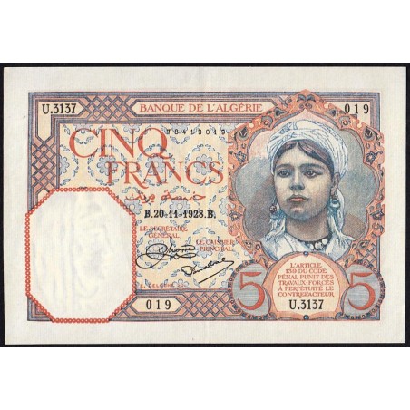 Algérie - Pick 77a_1 - 5 francs - Série U.3137 - 20/11/1928 - Etat : SUP+