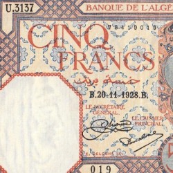 Algérie - Pick 77a_1 - 5 francs - Série U.3137 - 20/11/1928 - Etat : SUP+