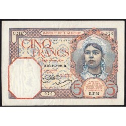 Algérie - Pick 77a_1 - 5 francs - Série U.3137 - 20/11/1928 - Etat : TTB+