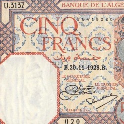 Algérie - Pick 77a_1 - 5 francs - Série U.3137 - 20/11/1928 - Etat : TTB+
