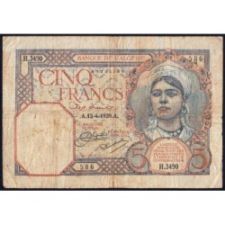 Algérie - Pick 77a_1 - 5 francs - Série H.3490 - 12/04/1929 - Etat : B+