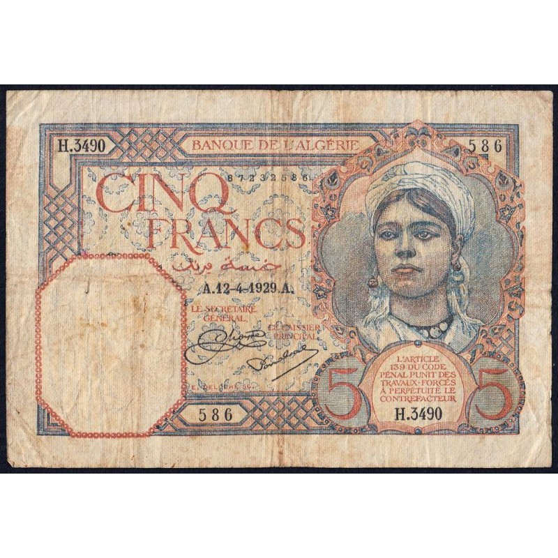 Algérie - Pick 77a_1 - 5 francs - Série H.3490 - 12/04/1929 - Etat : B+