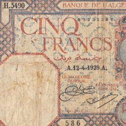 Algérie - Pick 77a_1 - 5 francs - Série H.3490 - 12/04/1929 - Etat : B+