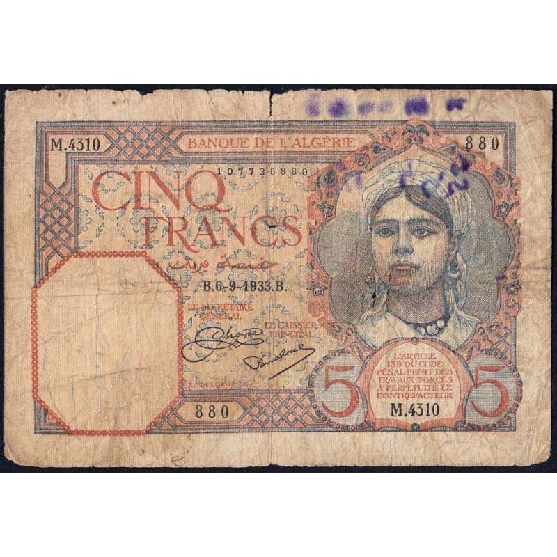 Algérie - Pick 77a_1 - 5 francs - Série M.4310 - 06/09/1933 - Etat : B-