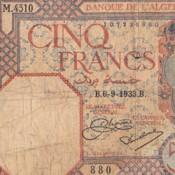 Algérie - Pick 77a_1 - 5 francs - Série M.4310 - 06/09/1933 - Etat : B-