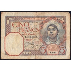 Algérie - Pick 77a_1 - 5 francs - Série M.4382 - 18/10/1933 - Etat : B+