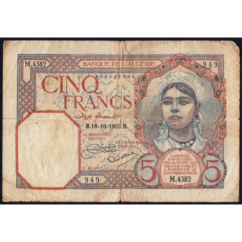 Algérie - Pick 77a_1 - 5 francs - Série M.4382 - 18/10/1933 - Etat : B+