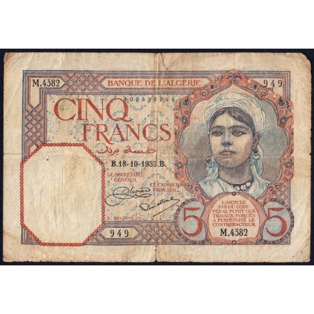 Algérie - Pick 77a_1 - 5 francs - Série M.4382 - 18/10/1933 - Etat : B+