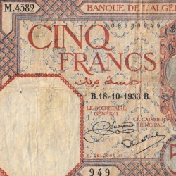 Algérie - Pick 77a_1 - 5 francs - Série M.4382 - 18/10/1933 - Etat : B+
