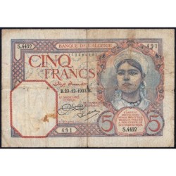 Algérie - Pick 77a_1 - 5 francs - Série S.4492 - 23/12/1933 - Etat : B+