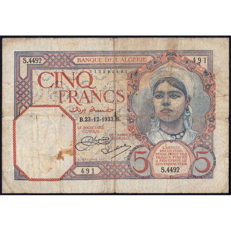 Algérie - Pick 77a_1 - 5 francs - Série S.4492 - 23/12/1933 - Etat : B+