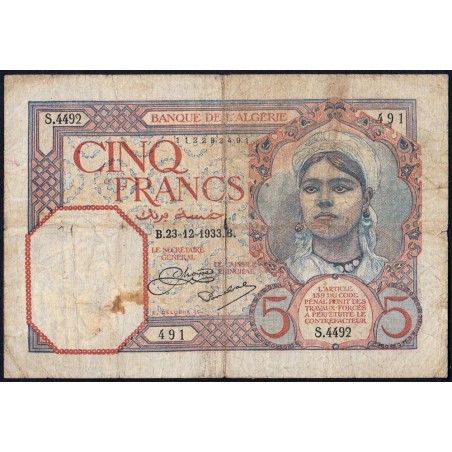 Algérie - Pick 77a_1 - 5 francs - Série S.4492 - 23/12/1933 - Etat : B+