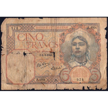 Algérie - Pick 77b - 5 francs - Série E.4994 - 05/03/1941 - Etat : AB