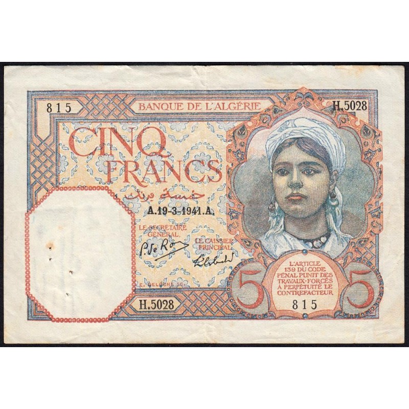 Algérie - Pick 77b - 5 francs - Série H.5028 - 19/03/1941 - Etat : TTB