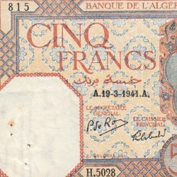Algérie - Pick 77b - 5 francs - Série H.5028 - 19/03/1941 - Etat : TTB