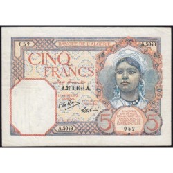 Algérie - Pick 77b - 5 francs - Série A.5049 - 27/03/1941 - Etat : TTB+