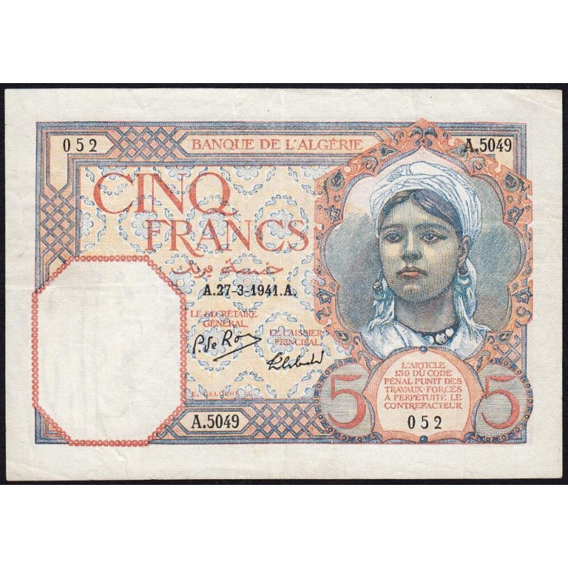 Algérie - Pick 77b - 5 francs - Série A.5049 - 27/03/1941 - Etat : TTB+