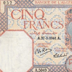 Algérie - Pick 77b - 5 francs - Série A.5049 - 27/03/1941 - Etat : TTB+
