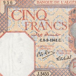 Algérie - Pick 77b - 5 francs - Série J.5453 - 08/09/1941 - Etat : SUP à SUP+
