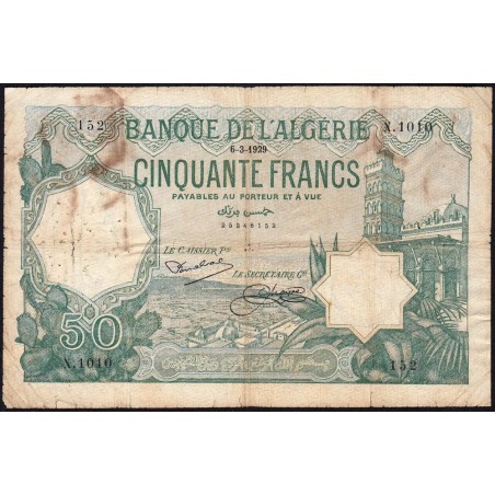 Algérie - Pick 80a_2 - 50 francs - Série N.1010 - 06/03/1929 - Etat : B+ à TB-