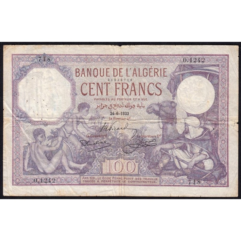 Algérie - Pick 81b_2 - 100 francs - Série O.1242 - 24/06/1933 - Etat : TB
