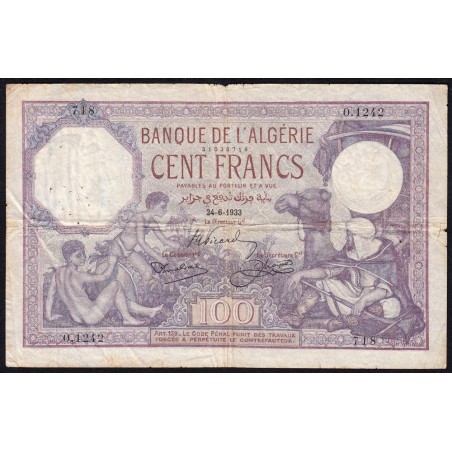 Algérie - Pick 81b_2 - 100 francs - Série O.1242 - 24/06/1933 - Etat : TB