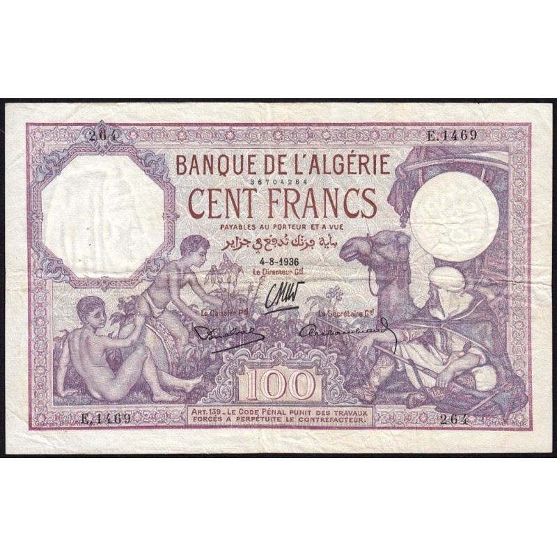 Algérie - Pick 81b_3 - 100 francs - Série E.1469 - 04/08/1936 - Etat : TB+