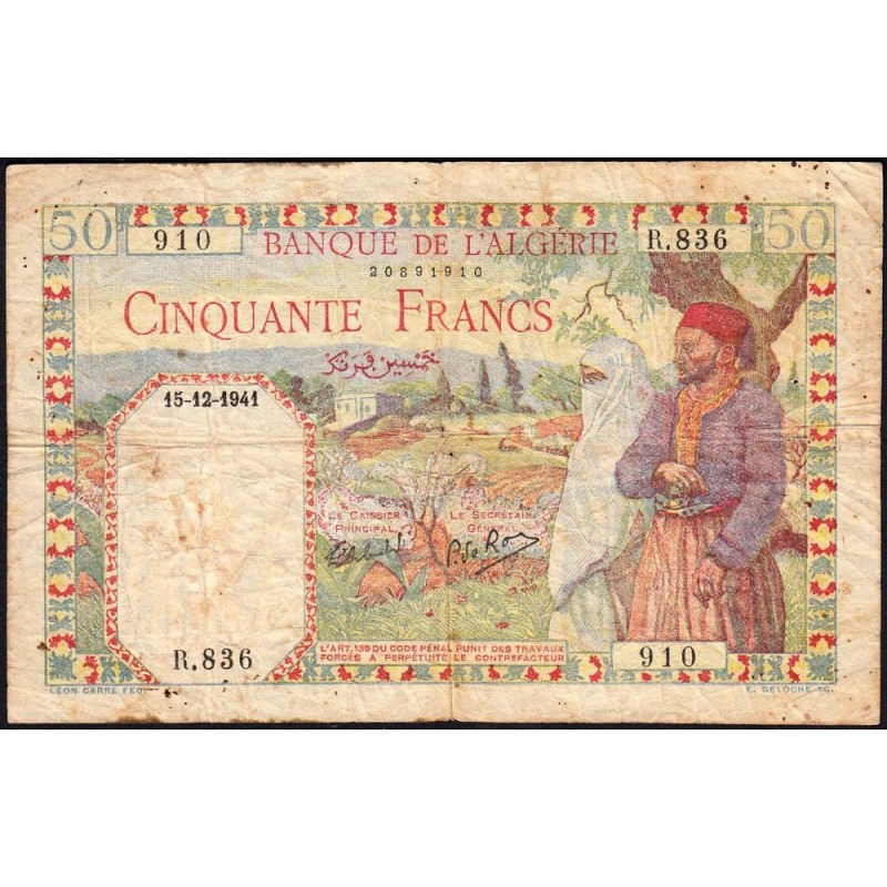 Algérie - Pick 84b_1 - 50 francs - Série R.836 - 15/12/1941 - Etat : TB-