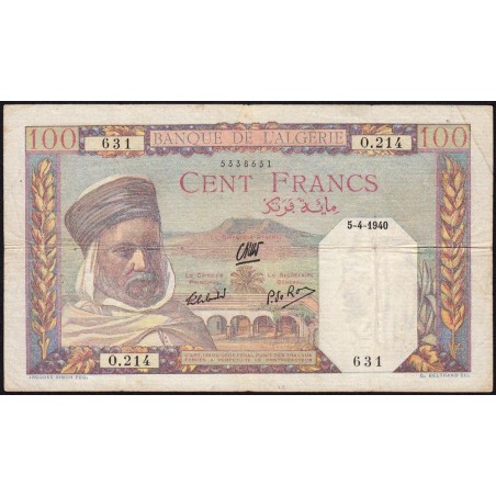 Algérie - Pick 85_1 - 100 francs - Série O.214 - 16/07/1940 - Etat : TB