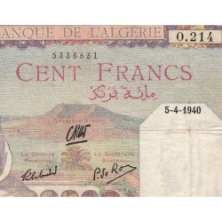 Algérie - Pick 85_1 - 100 francs - Série O.214 - 16/07/1940 - Etat : TB