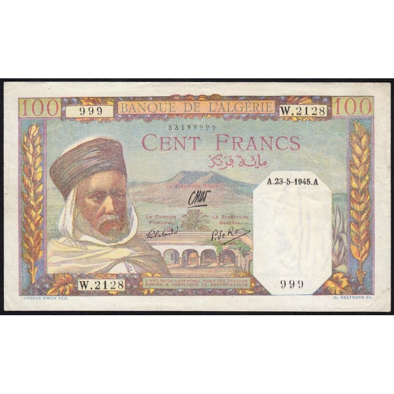 Algérie - Pick 85_2 - 100 francs - Série W.2128 (remplacement) - 23/05/1945 - Etat : TTB+