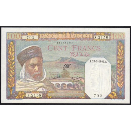 Algérie - Pick 85_2 - 100 francs - Série Z.2158 - 23/05/1945 - Etat : NEUF