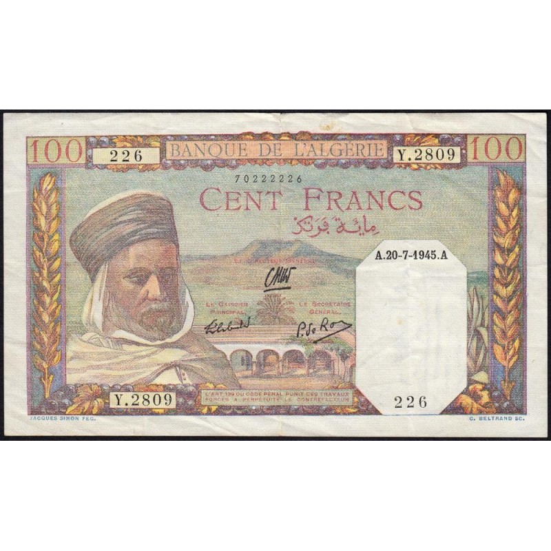 Algérie - Pick 85_2 - 100 francs - Série Y.2809 - 23/05/1945 - Etat : TTB