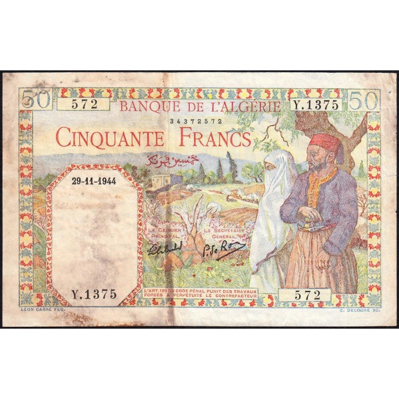 Algérie - Pick 87_2 - 50 francs - Série Y.1375 - 29/11/1944 - Etat : TB-