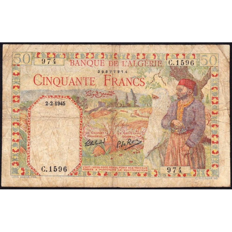 Algérie - Pick 87_2 - 50 francs - Série C.1596 - 02/02/1945 - Etat : B+