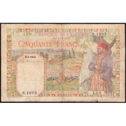 Algérie - Pick 87_2 - 50 francs - Série R.1893 - 02/02/1945 - Etat : B+