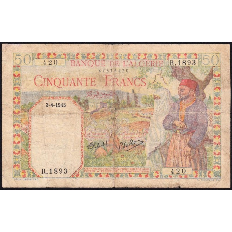 Algérie - Pick 87_2 - 50 francs - Série R.1893 - 02/02/1945 - Etat : B+
