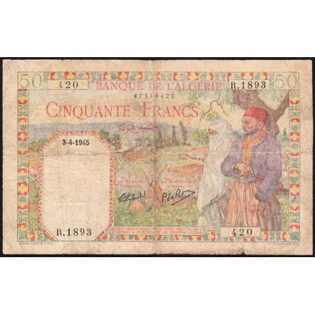 Algérie - Pick 87_2 - 50 francs - Série R.1893 - 02/02/1945 - Etat : B+