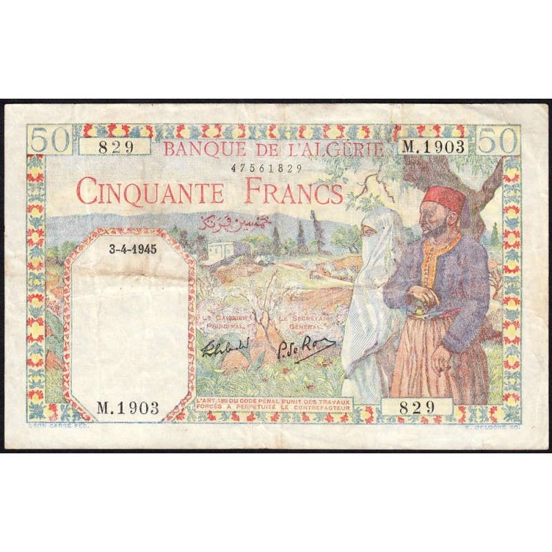 Algérie - Pick 87_2 - 50 francs - Série M.1903 - 01/03/1945 - Etat : TTB