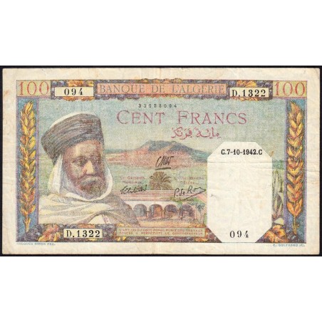 Algérie - Pick 88 - 100 francs - série D.1322 - 02/11/1942 - Etat : TB